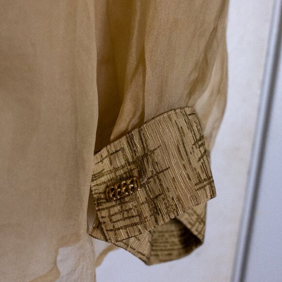 Sheer Vintage Caché 100% Silk Gold Trim Button-Up Blouse - Picture 4 of 7